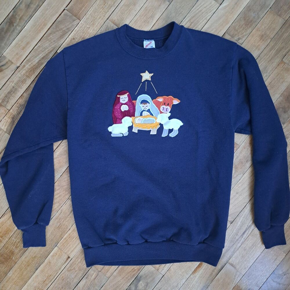 Vintage Jerzees XS Christmas Nativity Scene Crewneck Sweatshirt Blue Holiday
